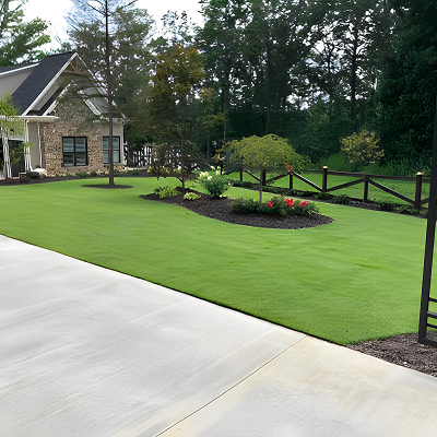 Well-maintained green lawn with flower beds and a stone house in the background.