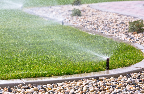 A lawn sprinkler watering green grass beside a rock border.