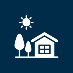 House with trees and sun icon.