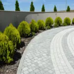 Curved stone pathway bordered by green shrubs and a beige wall.