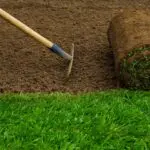 A garden hoe rests on freshly tilled soil next to rolled sod.